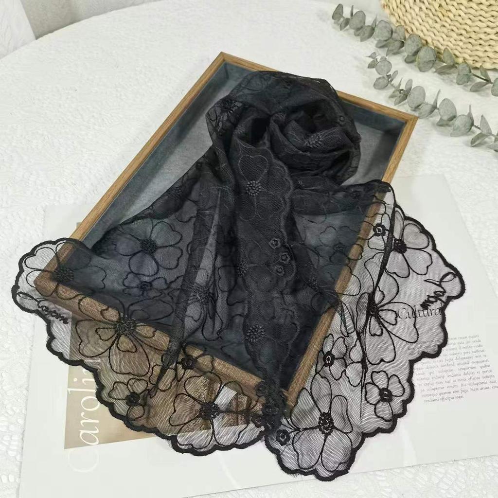 Korean Version Embroidery Lace Small Silk Scarf Spring and Summer Foreign Style Fashion Headscarf Headband Long Streamer