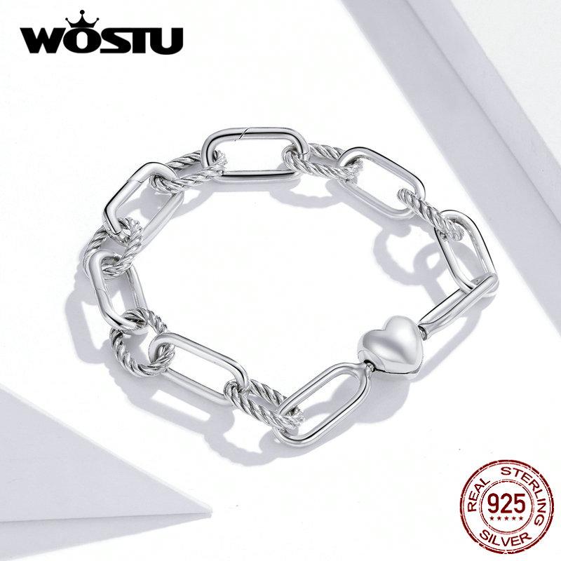 WOSTU Bracciale Fermaglio d'Argento 925 Argento Cuore Amore Catena Braccialetti per Donne Gioielli per Fidanzamento Regalo CQB202