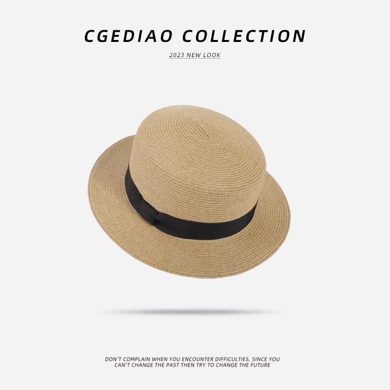 Flat Top Straw Hat Women S French Straw Top Hat Summer Big Brim Sun Hat Seaside Vacation Sun Hat M(56-58cm)