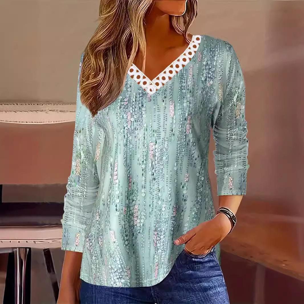 

Женская мода с принтом, длинный рукав, повседневные блузки с V-образным вырезом, кружевные удобные топы, свободные рубашки больших размеров S зелёный