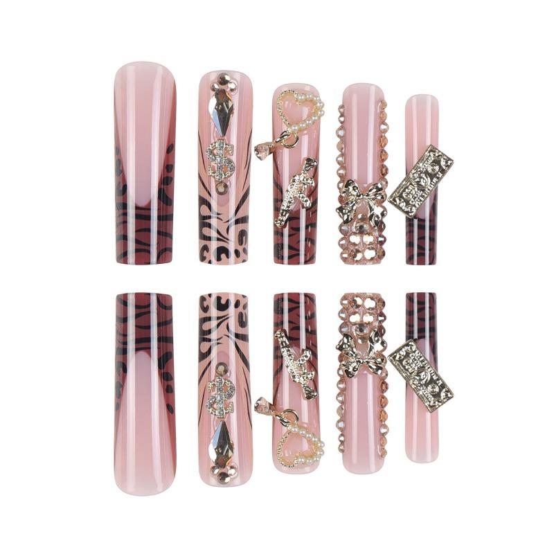 European and American cross-border water pipe nail heavy industry alloy bow gold diamond-encrusted nail leopard print long fake nail manicure