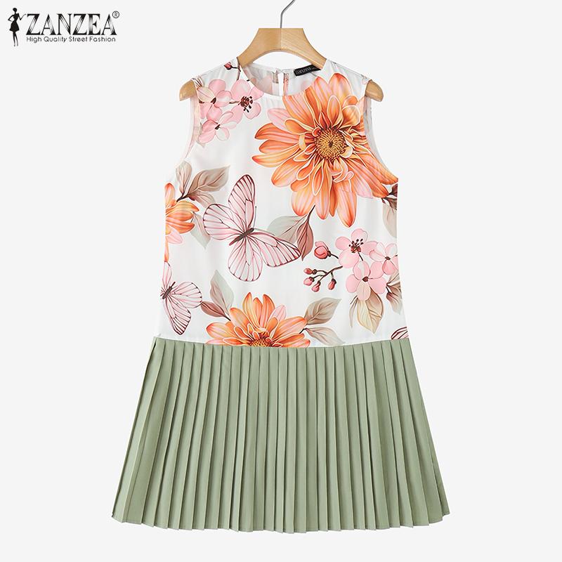 ZANZEA Women Casual Round Neck Print Patchwork Summer Sleeveless Dress