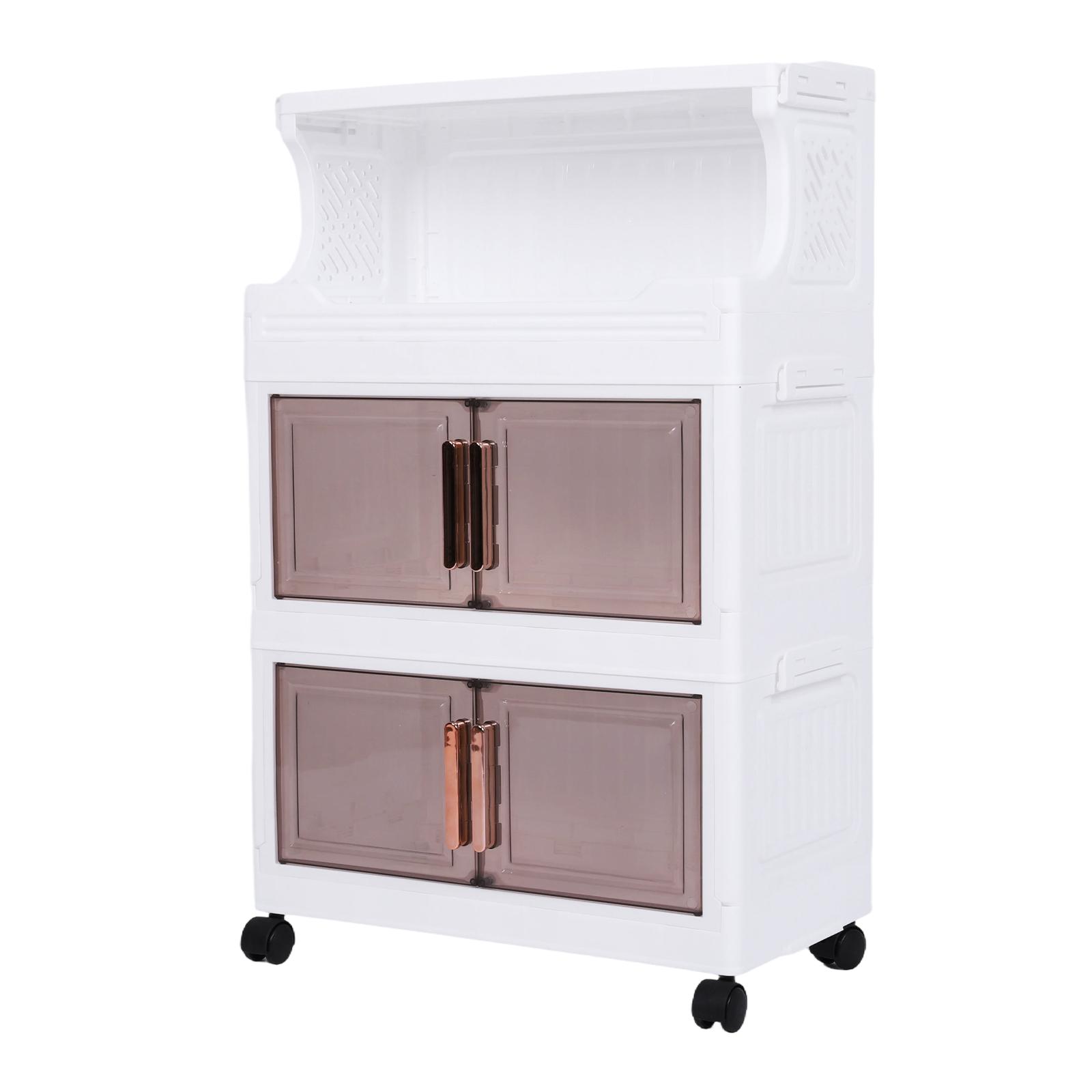 

3 Tier Collapsible Storage Boxes with Doors and Wheels 42cm Stackable Storage Cabinet for Craft Home Pantry DormTransparent