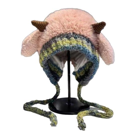 Knitted Hat Lamb Ears Design Universal Fit Soft Plush Windproof Hat Family Photo Christmas Hat 2 In 1 Convertible Santa Hat Tote