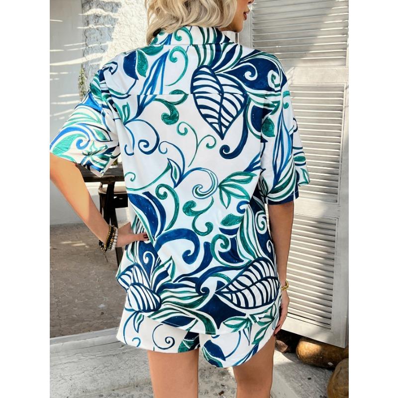 Women Fashion Casual Vacation Printed Short Sleeve Shirt And Shorts Set