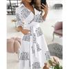 Summer Printed V-neck Plus Size Shirt Dress Women Cross Loose Long Sleeve Casual Dress Lady Office Simple Elegant Ladies Dresses 765