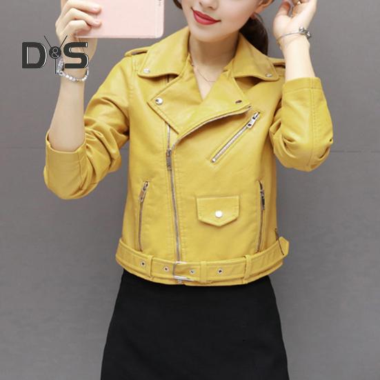 Women Jacket Faux Leather Smooth Surface Turn-down Collar Zip-up Zipper And Rivet Decor Long Sleeves Motorcycle Coat Travel Outerwear