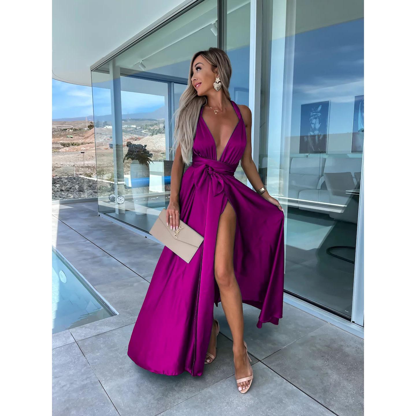 

GMXIA Женские модные летние весенние однотонные повседневные платья без рукавов с v-образным вырезом и высокой талией XL фиолетовый