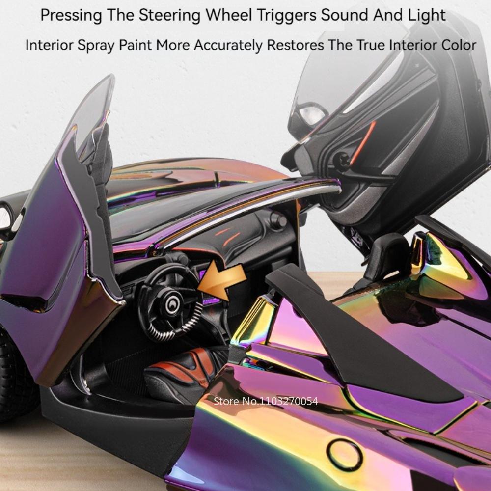 1:24 720S Evo Alloy Supercar Diecast Model Toys Front Wheel Steering Doors Opened Rubber Tire Pull Back Cars Kids Christmas Gift