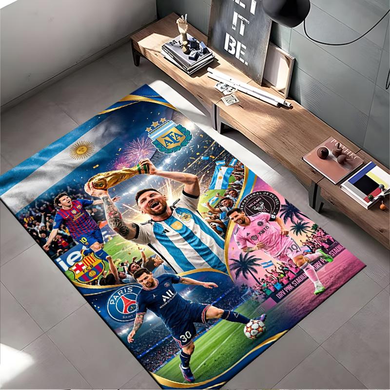 Sports Area Rug, Lionel Messi Career Clubs Argentina Barcelona PSG Inter Miami Trophy Print, Fan Decor, Non-Slip Mat