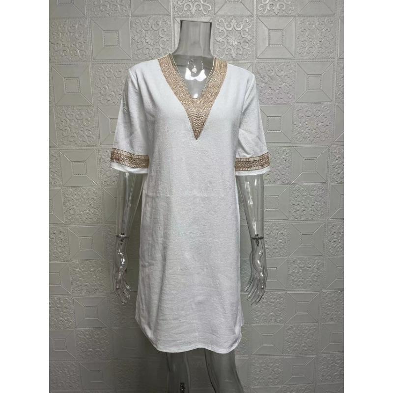 Spring and Summer Solid Color V-neck Cotton and Linen Dress