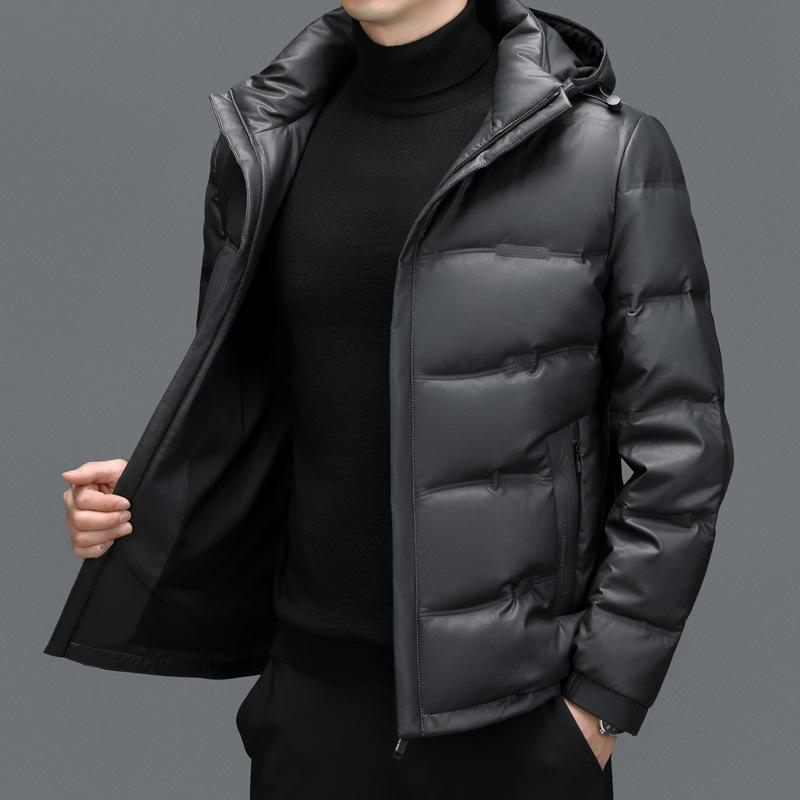 Down Jacket Genuine Leather Jacket Men's Casual Hooded Winter Short Duck Down Thickened Middle-aged Men's Down Jacket Jacket