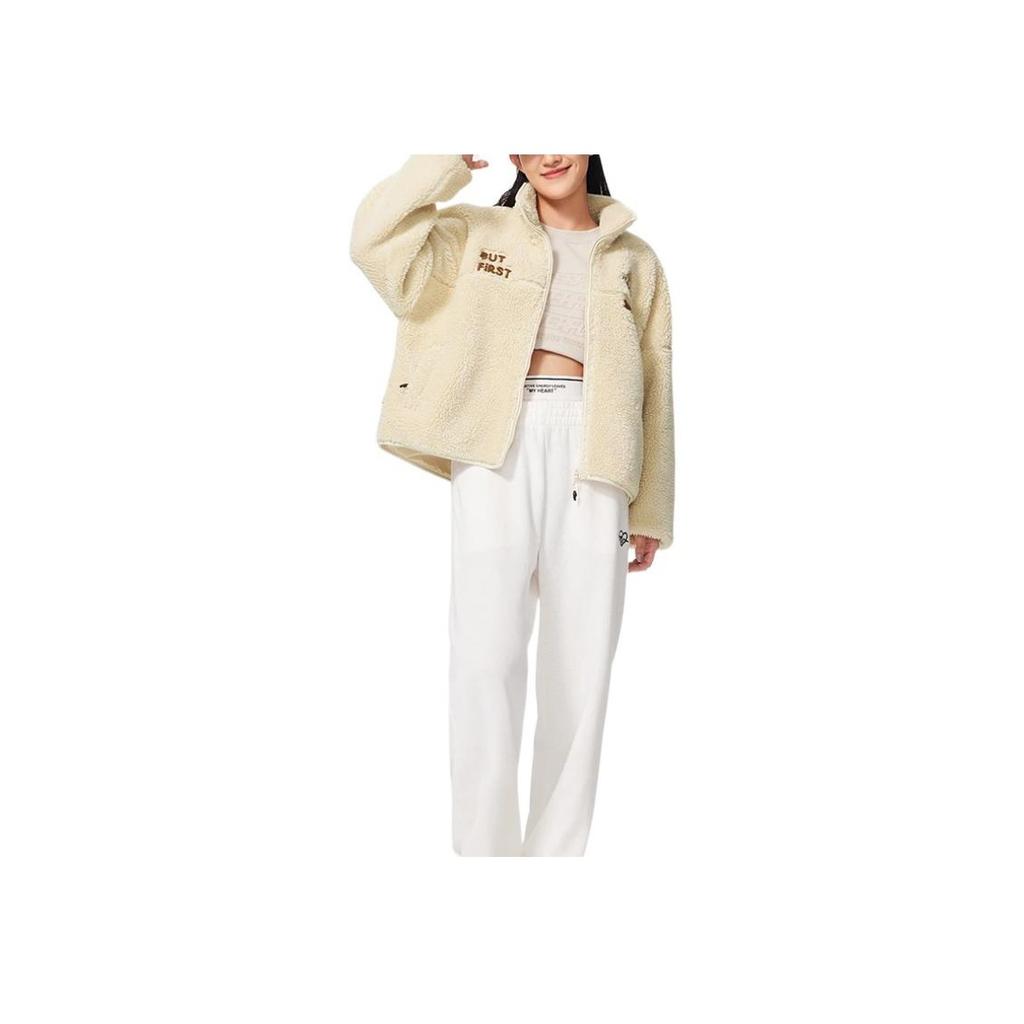 Li-Ning X Disney Chip N Dale Carta de desenho animado Bordado Cardigan de malha solta com zíper e forro de lã de cordeiro Jaqueta de algodão quente Agasalho feminino AFDSC92-1