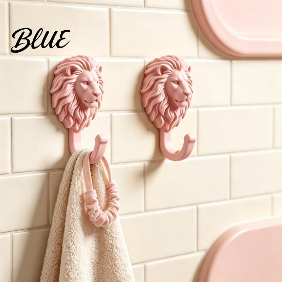 Drill Free Towel Hanger 2Pcs Lion-Head Wall Hooks 3D Printed Animal Shaped Hanger Self‑Adhesive Modern Wardrobe Storage Hook Coat Key Hook,