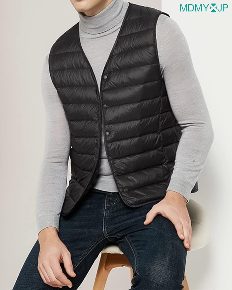 MDMYXJP Collarless Down Ultralight Inner Cold Compact MD108 Men's Vest, Vest, Lightweight, Weather, Storage, (M, Black)