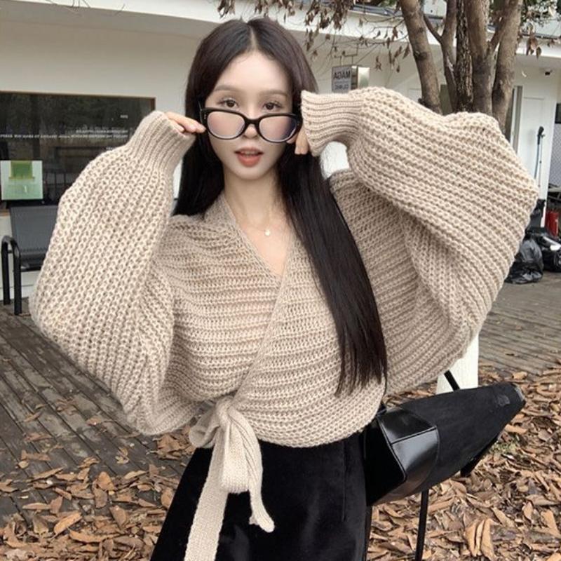 

Женский вязаный кардиган с v-образным вырезом в стиле ретро в стиле ретро, ​​однотонный свитер, пальто, топ L хаки