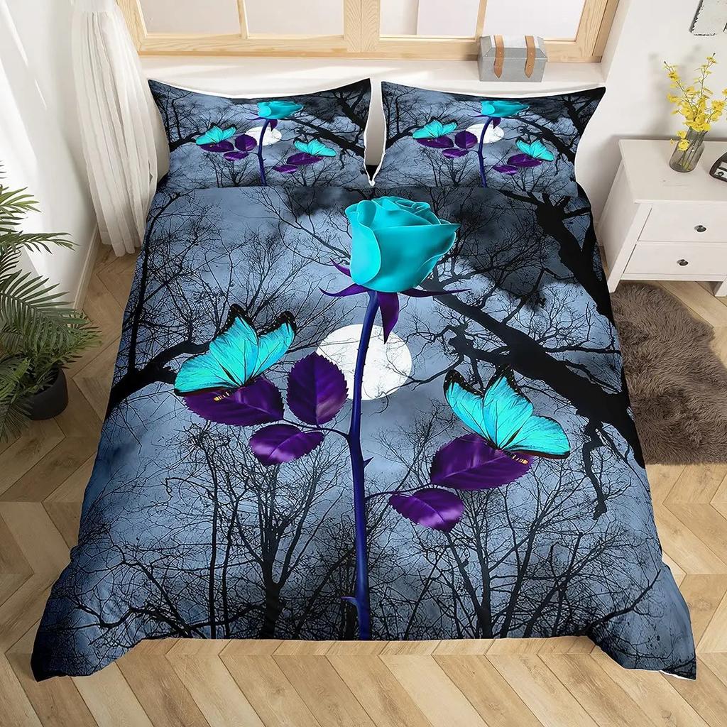 Rose Flowers Duvet Cover Set Butterfly Garden Bedding Sets Girls Women Floral Fresh Nature Blooming Rose Comforter Cover 3 Pcs