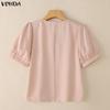 VONDA Women Lapel Neck Short Sleeve Buttons Bow Knot Casual Cropped Blouse Tops