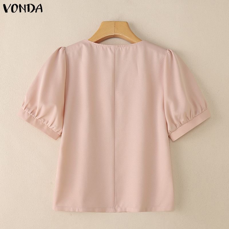VONDA Women Lapel Neck Short Sleeve Buttons Bow Knot Casual Cropped Blouse Tops