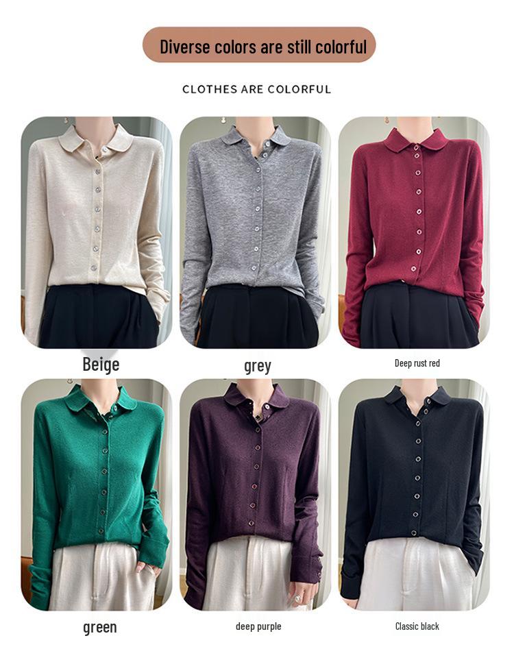 2025 Early Autumn Merino Wool Polo Collar Knit Cardigan, Long Sleeve Solid Color, Loose Fit Versatile Shirt