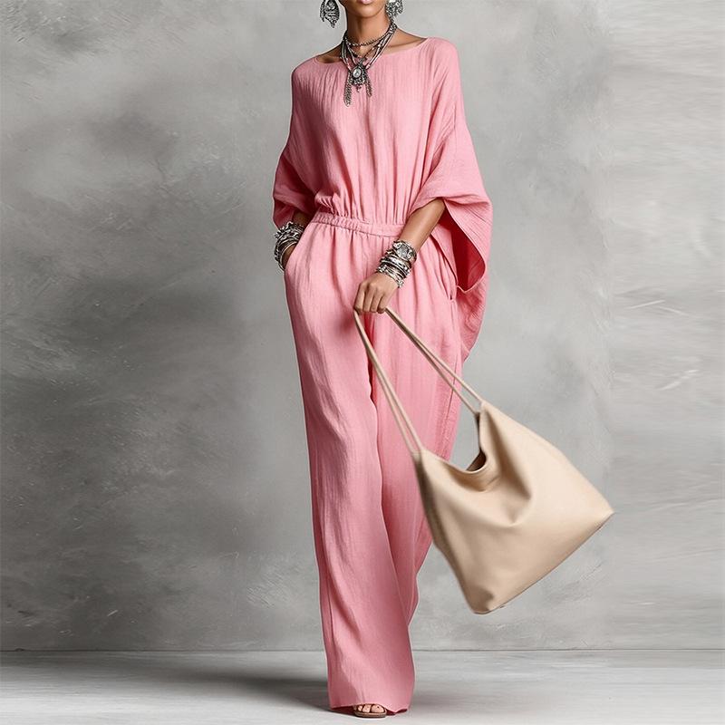 Spring New Women's Clothing, European and American Jumpsuits, Commuting High Waist Solid Color Wide Leg Horn Sleeve Jumpsuit