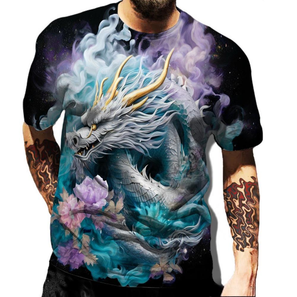Summer Round Neck 3D Dragon Series Print Top Fashionable Casual Short Sleeved Men's T-shirts