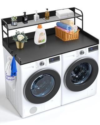 Washer Dryer Countertop with 2-Tier Shelf, 54" X 27" Wooden Washer and Dryer Countertop with Anti-Slip Pads