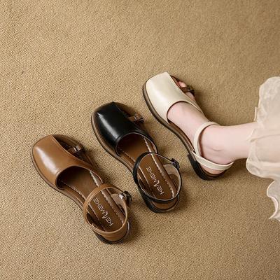 Beige Heeled Sandals Buckle Strap Comfort Shoes for Women 2025 Summer Black Flat Clear Low Fashion New Closed Girls Fretwork Cas