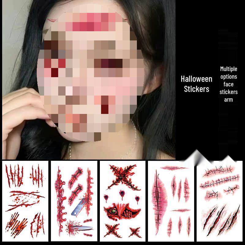 Halloween Makeup: Horror Scars, Fake Teeth, Little Tiger Teeth, and Blush Tattoo Stickers for Party Decoration