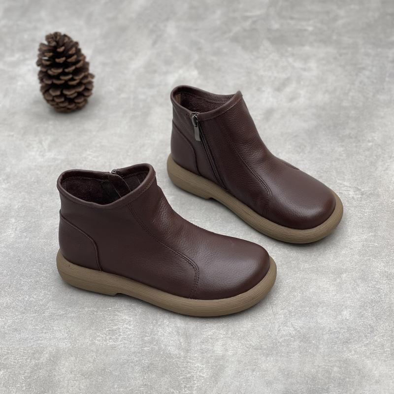 Round-toed Flat Casual Side-zipped Women's Shoes with Short Boots