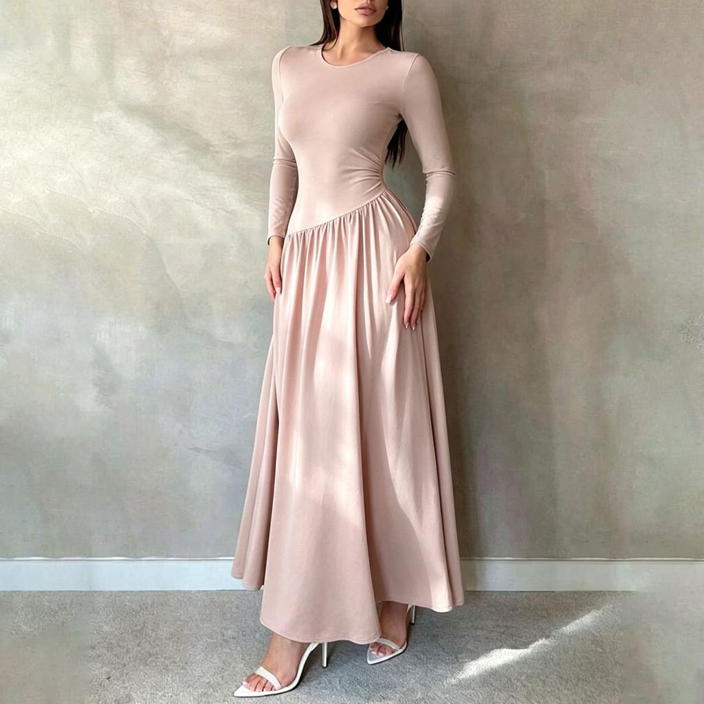 Damen Langes Casual Strickkleid mit Langen Ärmeln, Bequemes Pulloverkleid für den Alltag
