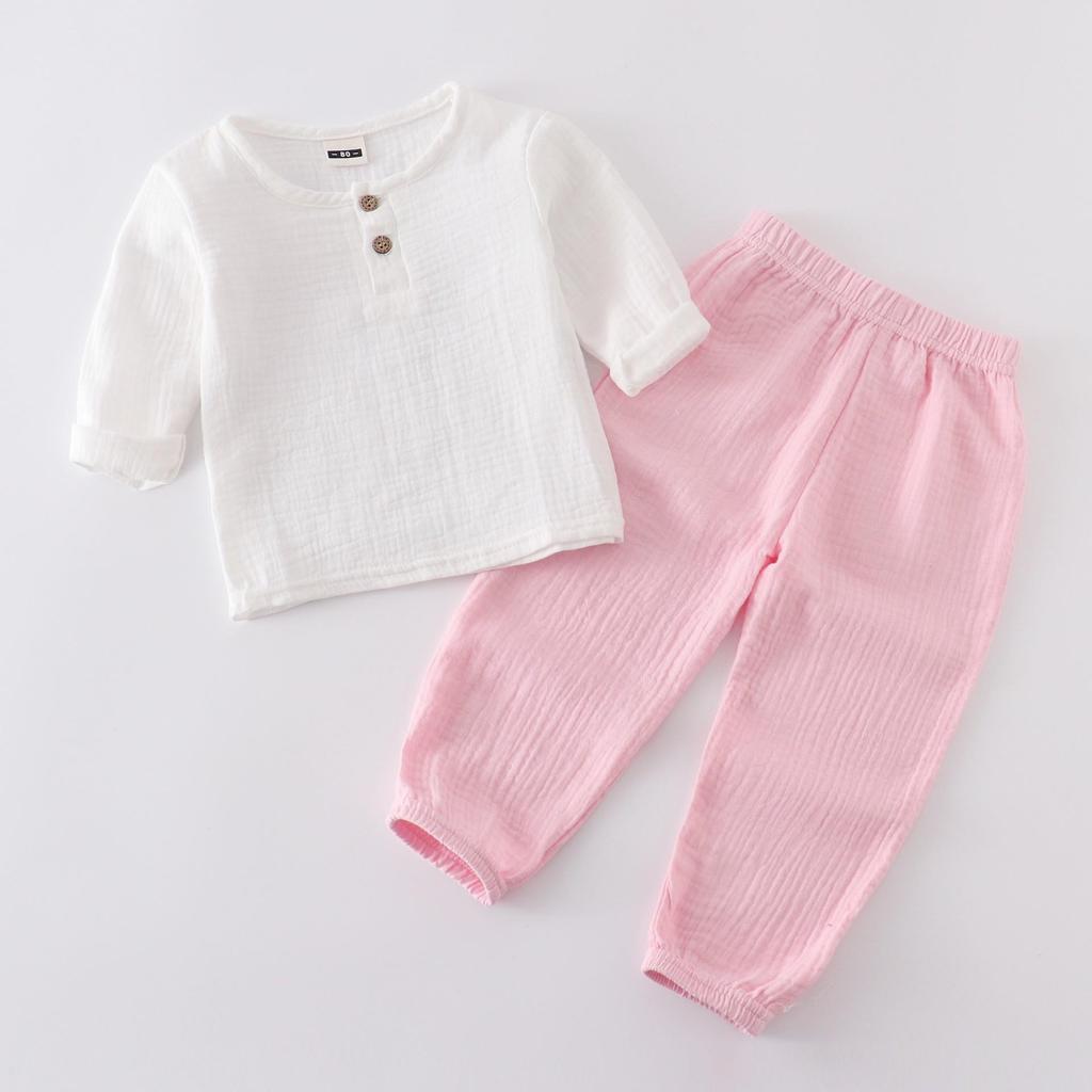 Kids' Cotton Linen Long Sleeve Set - Unisex Gauze Joggers, Loose Two-Piece for Spring/Summer