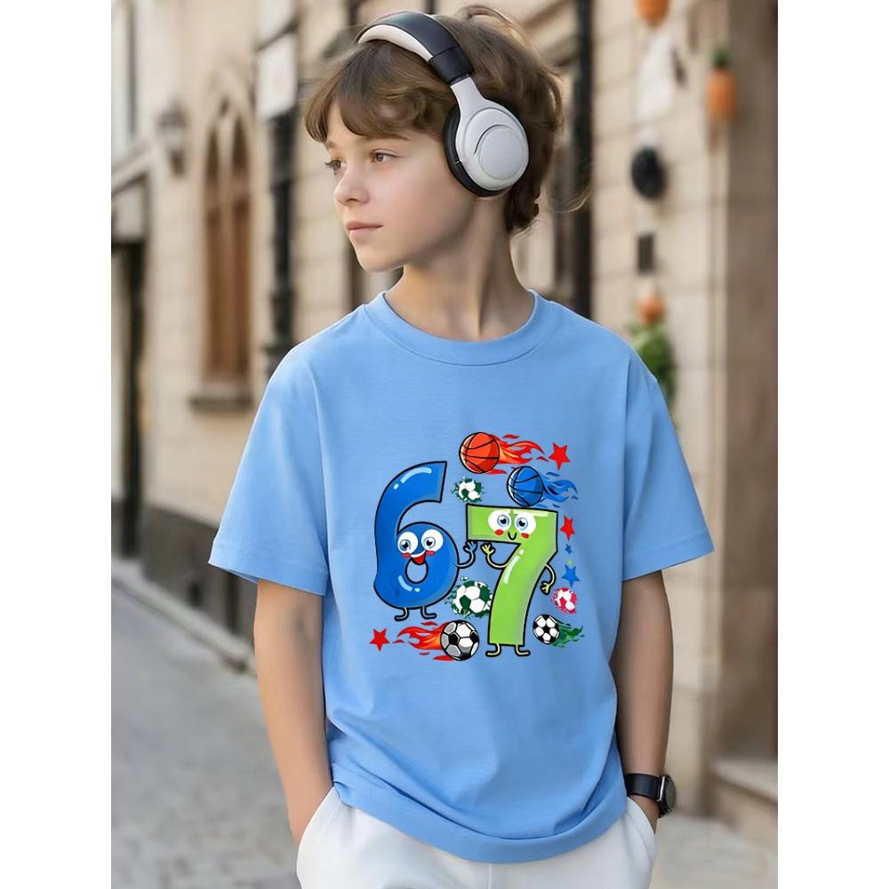Kids T-Shirt 67 Number Basketball And Football Graphic Print Boy and Girl Tees Top Summer Short Sleeve Casual Outdoor Kids Clothing