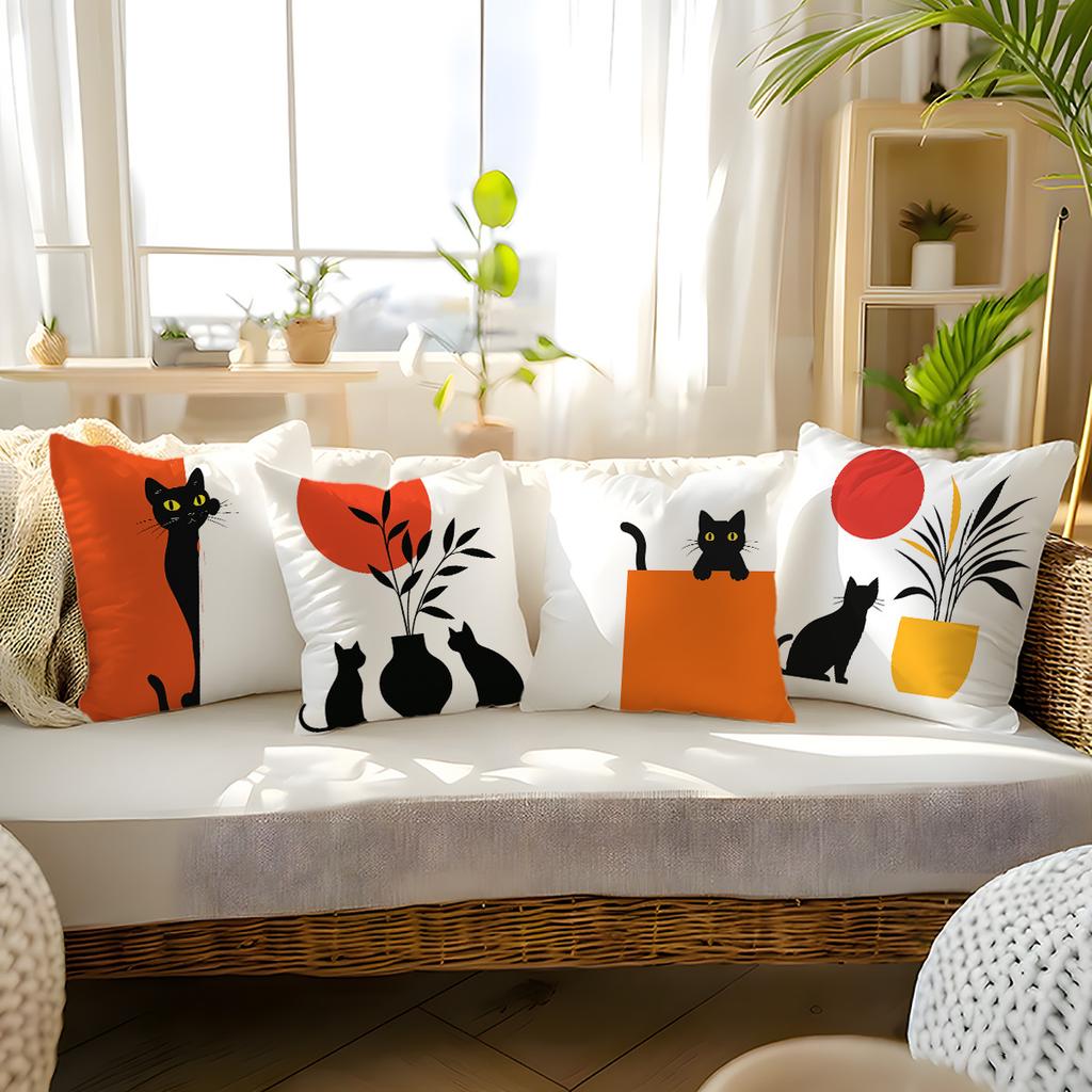 Minimalist Black Cat & Plant Throw Pillow Covers, Mid-Century Modern Cat Print Cushion Cases, Terracotta & Red Sun Home Decor
