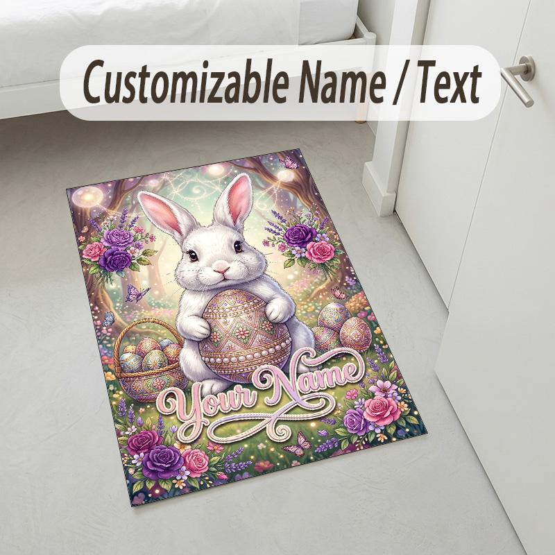Easter Bunny Theme Crystal Velvet Rug Personalized Custom Name Text Soft Floor Mat Home Decor
