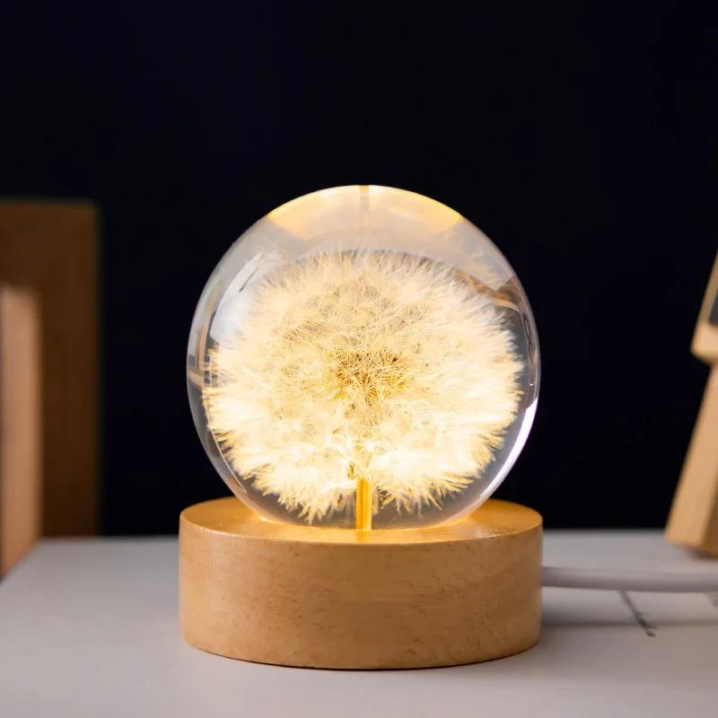 3D Dandelion Crystal Ball 5cm 6cm Luminous Flower Crystal Ball Beech Wood Stand Preserved Flower Sphere Ball Desktop Ornaments