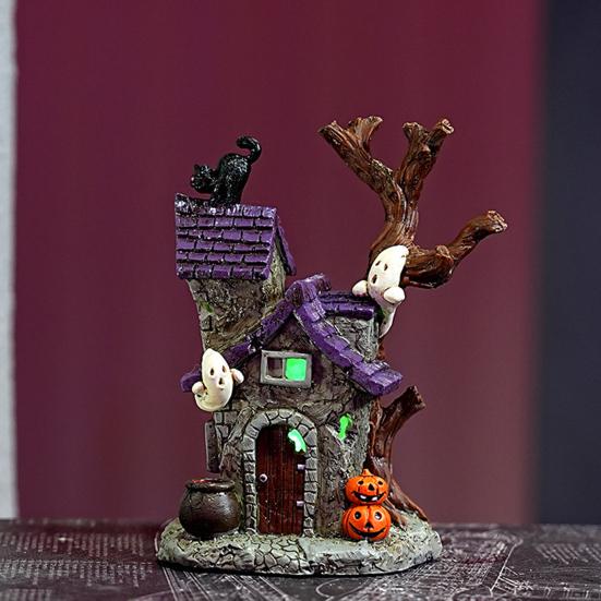 Halloweenská pryskyřičná ozdoba Strašidelný strašidelný dům Hrob Strom Démon Kořen Náhrobní kámen Socha s LED světlem Kreslená dýně Duch Figurka Ozdoba