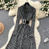 Royal Sister Fan High-end Feeling with Belt Waist Dress Women's Autumn Light and Thin Temperament Drape Print Dress