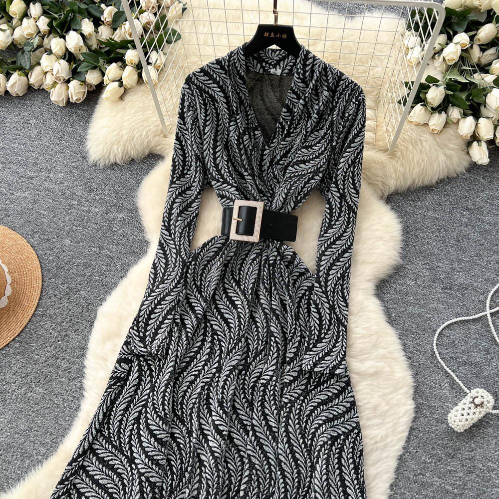 Royal Sister Fan High-end Feeling with Belt Waist Dress Women's Autumn Light and Thin Temperament Drape Print Dress