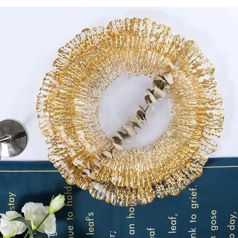 Transparent Golden Glass Tray Coral Reef Charging Board Round Dinner Set Plates and Dishes Wedding Christmas Decoration