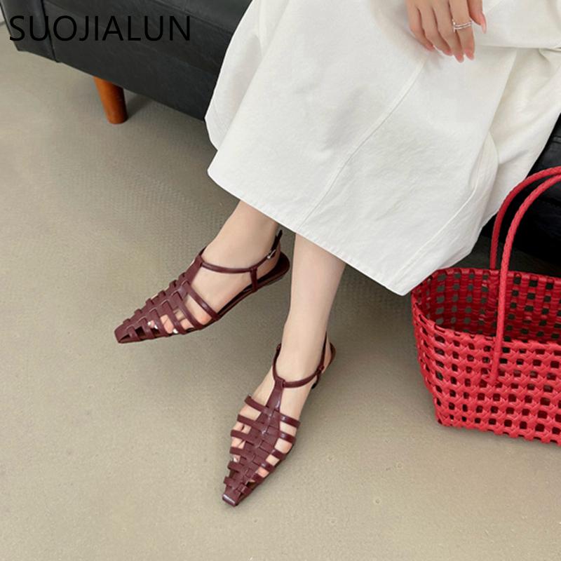 Fashion SUOJIALUN 2025 Summer New Brand Women Sandal Shoes Fashion Narrow Band Ladies Ankle Starp Slingback Shoes Soft Flat Heel Slides