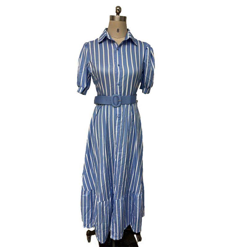 Cross-Border Stripe European and American Elegant Long Bubble Short sleeve Patchwork Fishtail Big Hemline Jumpsuit Long dress With Belt Dress