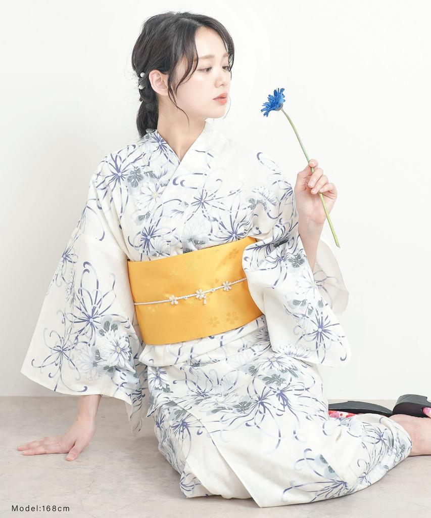 Nishiki Yukata Set Festival Japanese Pattern 1412-3B Women's 2-Piece (Yukata + Obi) - Ready-to-Wear, One-Size-Fireworks Obi, Retro, Modern, Floral,