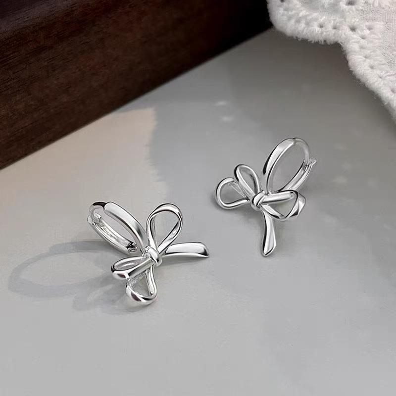 

Real 925 Sterling Silver Line Bowknot Hoop Earrings For Women Classic Fine Jewelry Light Luxury Accessories