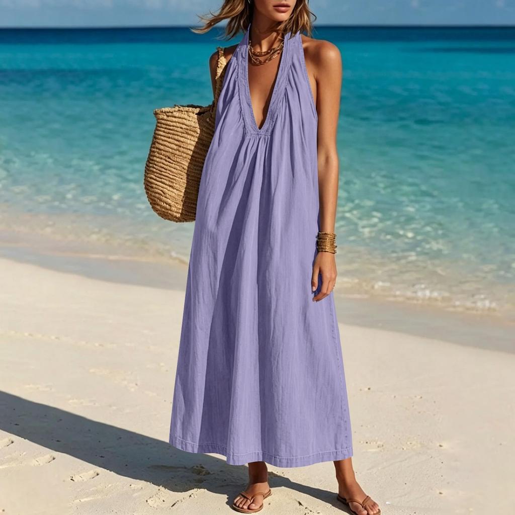 Women's Fashion Sleeveless V Neck Backless Casual Loose Fit Long Dress Summer Beachwear Maxi Dress