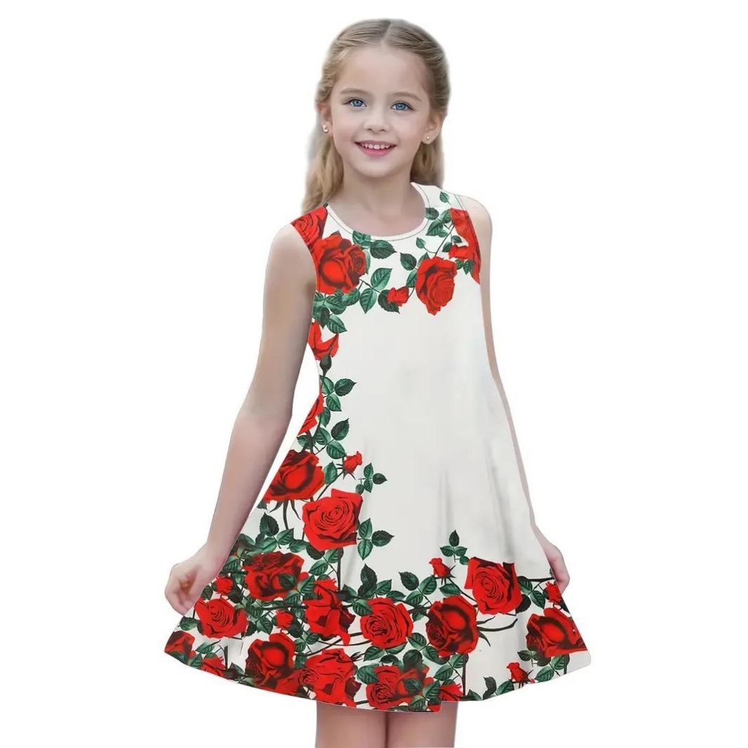 

Новые летние повседневные модные трендовые удобные простые платья без рукавов с цветочным узором для девочек и женщин 130cm