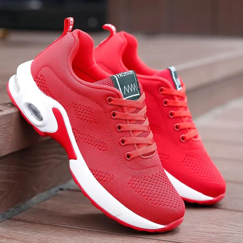 Women's Shoes Trendy Air Cushion Cushioning Running Shoes Fly Woven Mesh Breathable Design Track Field Jogging Lace Up Shoes