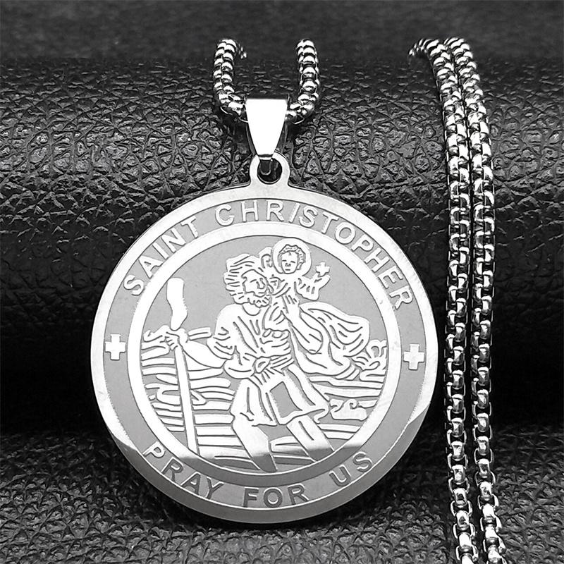 Saint Christopher Pray Us Pendant Necklace for Women Men Stainless Steel Gold Color Religious Amulet Chain Jewelry NZZZ776S02