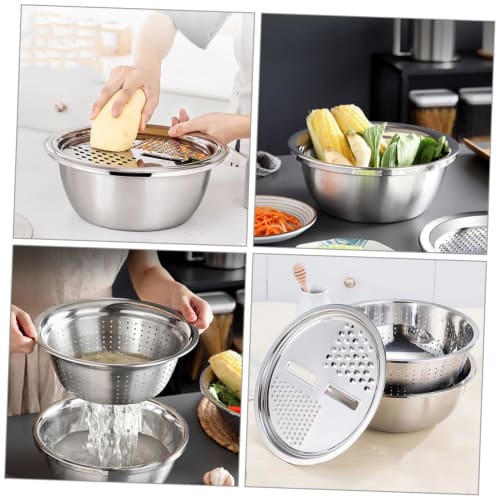 BIUDECO 1-Piece Stainless Steel Grater with Draining and Vegetable Basket, Multifunctional Kitchen Cleaning Bowl, Grater, Clever Slicer, and Colander,