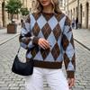 Women's Casual Loose Fit Color Block Sweater, Retro Neck Knit Pullover